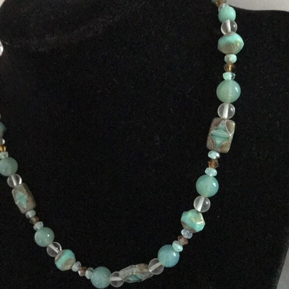 Vintage Handmade Teal Amazonite Rock Crystal Beads Swarovski Sterling Necklace - Picture 2 of 8